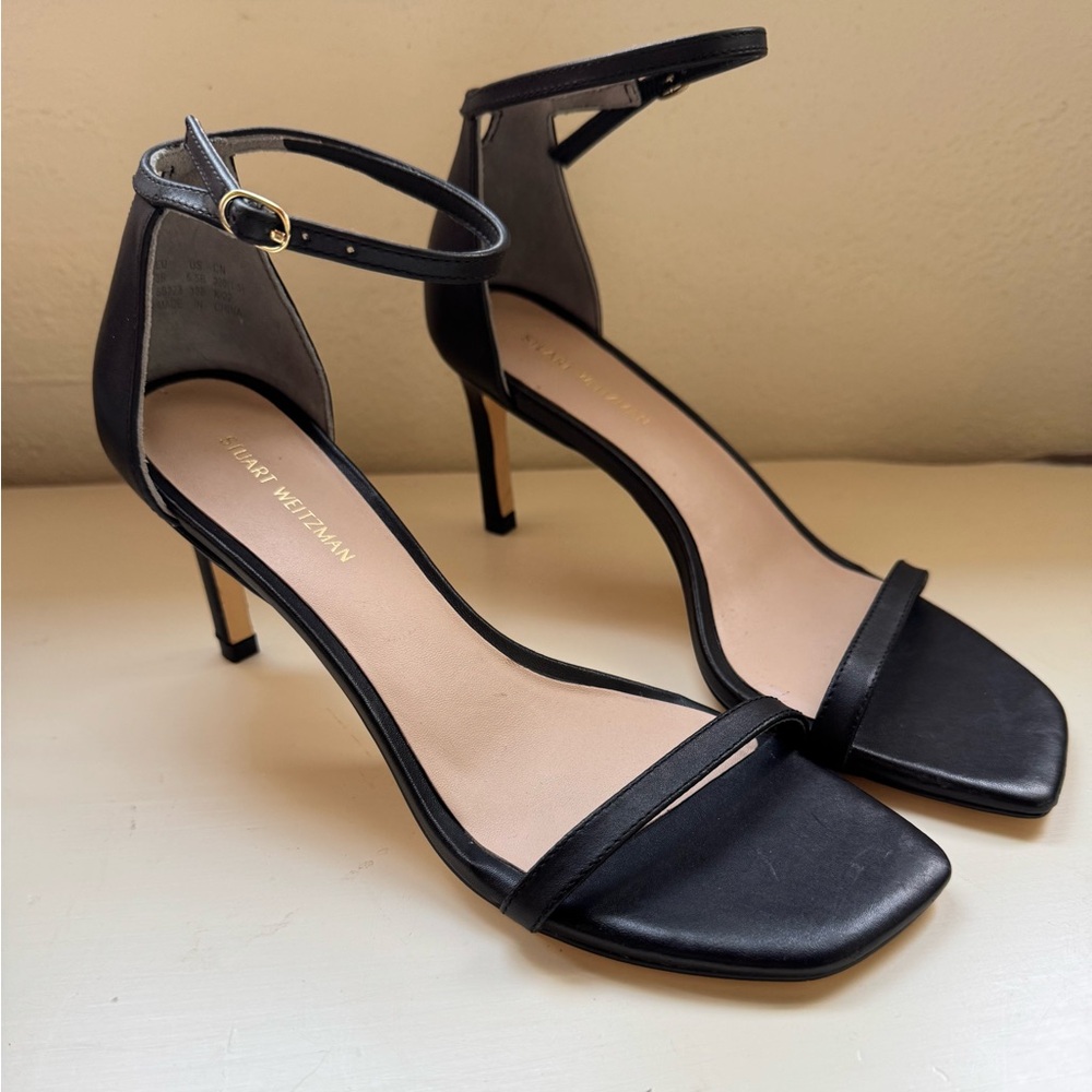 Stuart Weitzman Black Ankle Strap Open Toe Kitten Heels